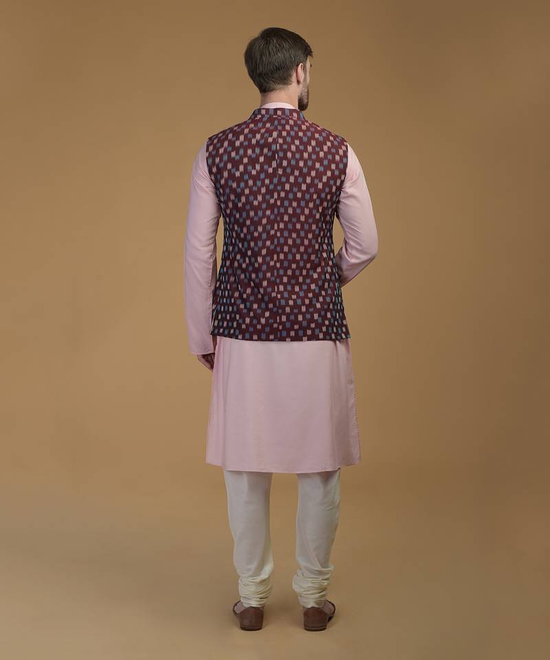 Pale Pink- Burgundy Pintuck Kurta And Ikat Waistcoat Set