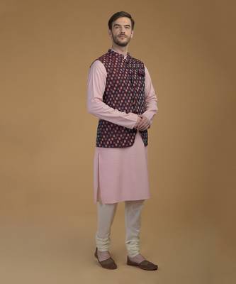 Pale Pink- Burgundy Pintuck Kurta And Ikat Waistcoat Set 5