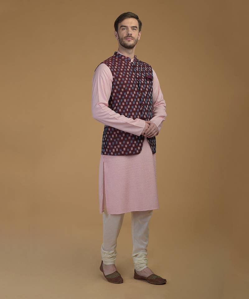 Pale Pink- Burgundy Pintuck Kurta And Ikat Waistcoat Set