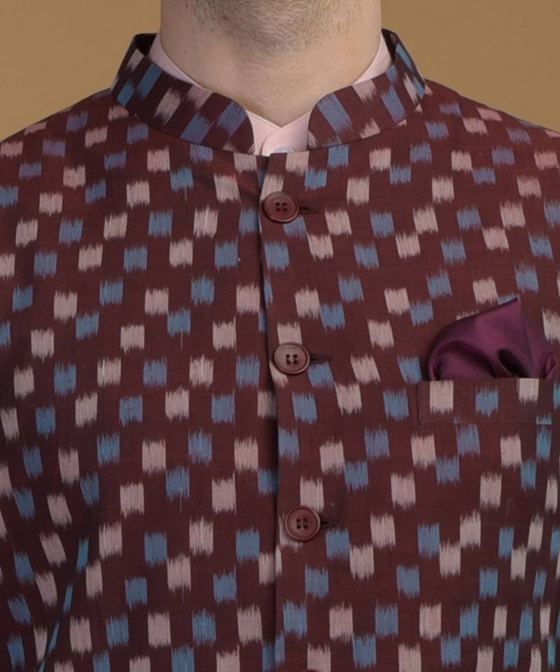 Pale Pink- Burgundy Pintuck Kurta And Ikat Waistcoat Set