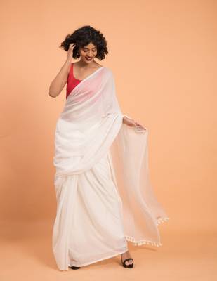 Suta Women White Solid Pure Cotton Saree 2
