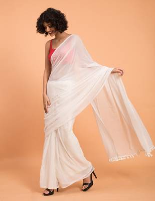 Suta Women White Solid Pure Cotton Saree 3
