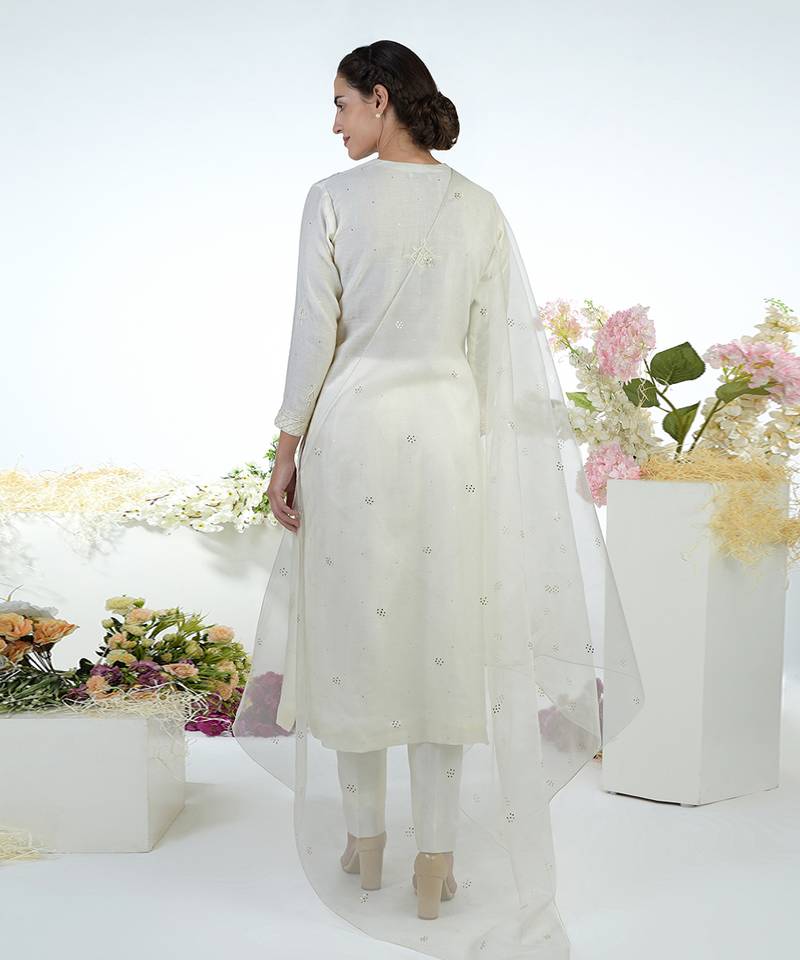 Ivory Hand Embroidered Chikankari Kurta With Cigar Pants Set