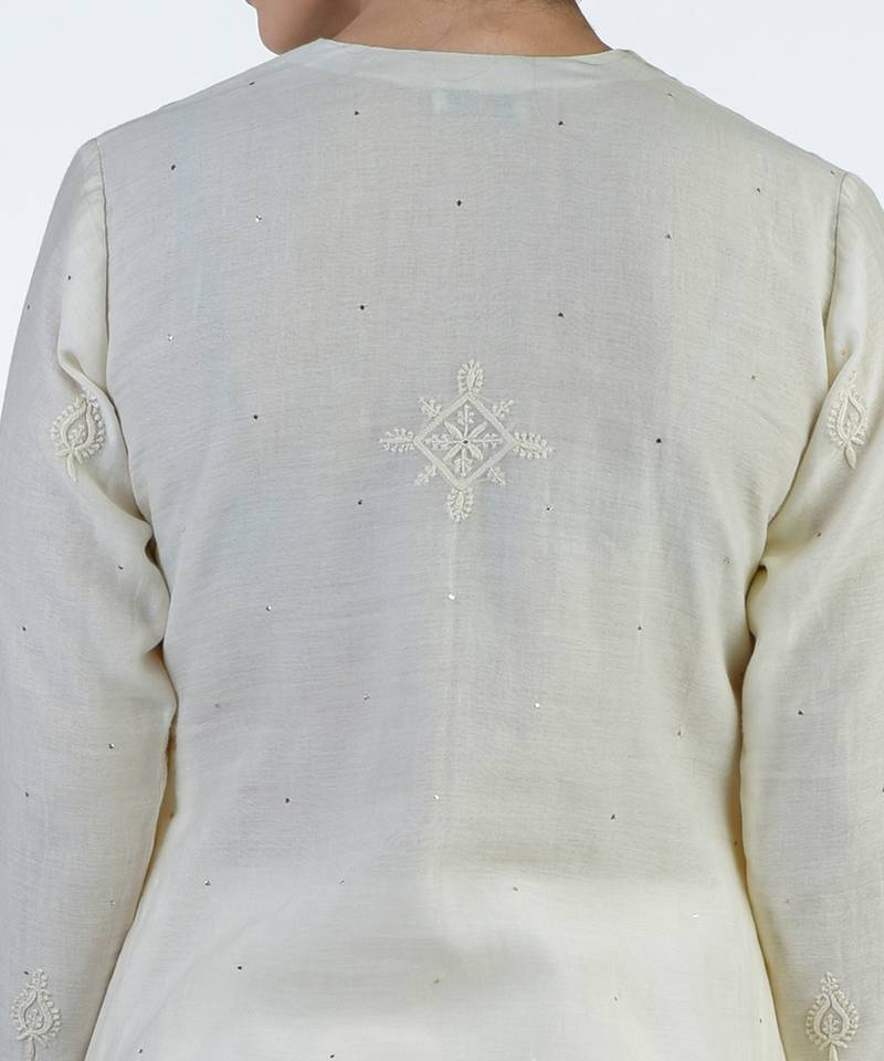 Ivory Hand Embroidered Chikankari Kurta With Cigar Pants Set