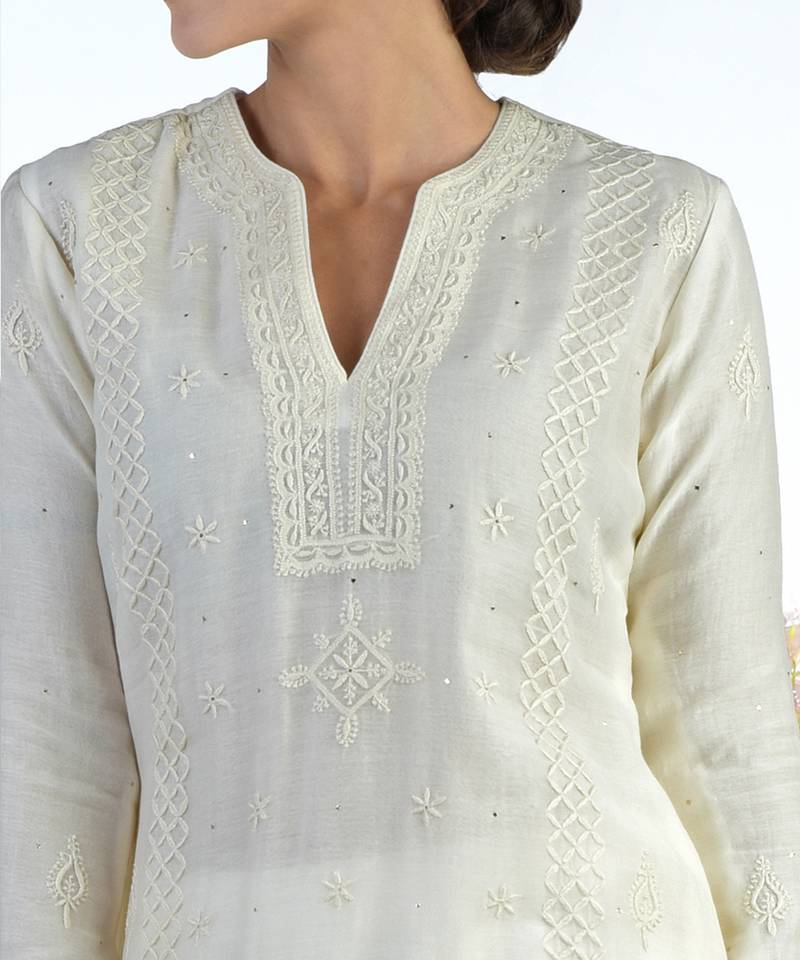 Ivory Hand Embroidered Chikankari Kurta With Cigar Pants Set
