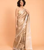 Suta Women Beige & White Pure Linen Zari Saree