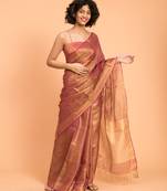 Suta Pink & Gold-Toned Zari Pure Linen Saree