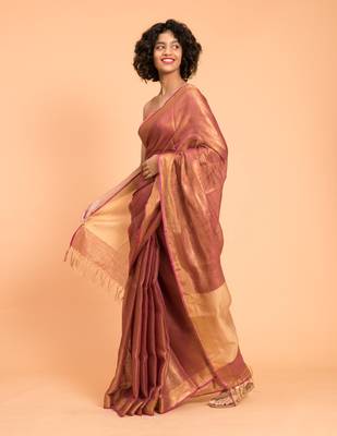 Suta Pink & Gold-Toned Zari Pure Linen Saree 3