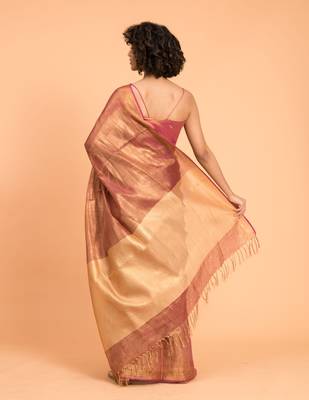 Suta Pink & Gold-Toned Zari Pure Linen Saree 5