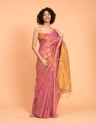 Suta Pink & Gold-Toned Zari Pure Linen Saree 1