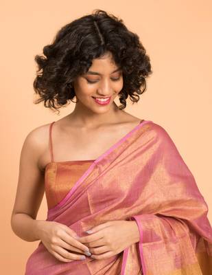 Suta Pink & Gold-Toned Zari Pure Linen Saree 2