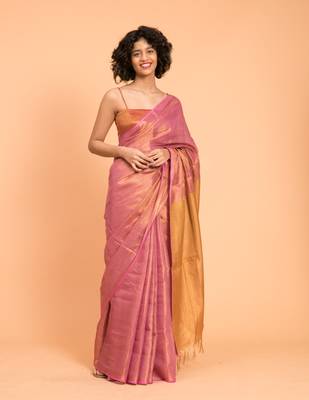 Suta Pink & Gold-Toned Zari Pure Linen Saree 3