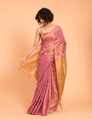 Suta Pink & Gold-Toned Zari Pure Linen Saree 4