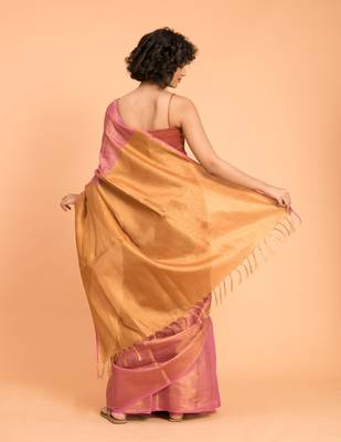 Suta Pink & Gold-Toned Zari Pure Linen Saree 5