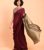 Suta Women Maroon Colorblocked Cotton Blend Saree