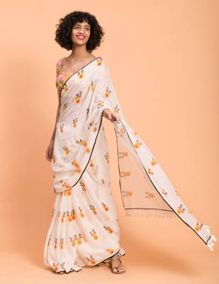 White & Yellow printed Pure Cotton Saree 1