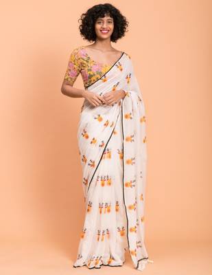White & Yellow printed Pure Cotton Saree 2