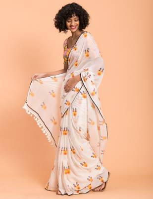 White & Yellow printed Pure Cotton Saree 3