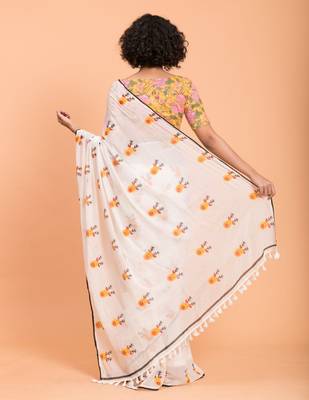 White & Yellow printed Pure Cotton Saree 4