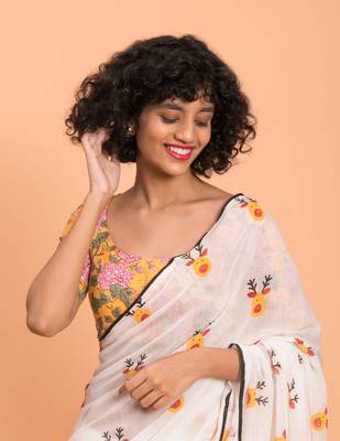 White & Yellow printed Pure Cotton Saree 5