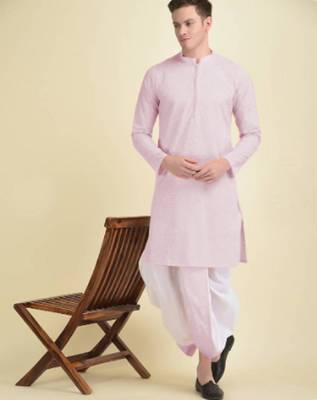 DEYANN Peach Cotton Chikankari Kurta With Dhoti Set For Men 1