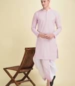 DEYANN Peach Cotton Chikankari Kurta With Dhoti Set For Men