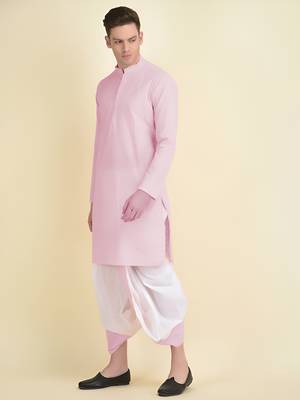 DEYANN Peach Cotton Chikankari Kurta With Dhoti Set For Men 2