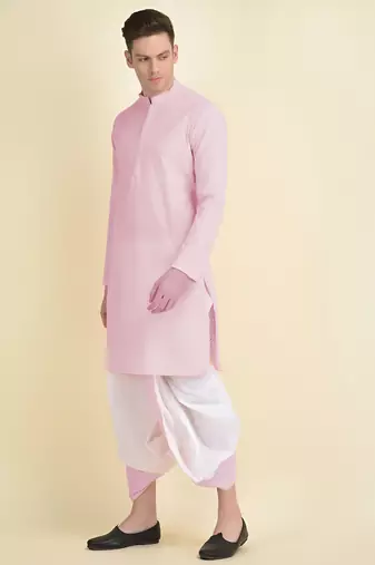 DEYANN Peach Cotton Chikankari Kurta With Dhoti Set For Men