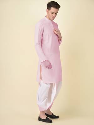 DEYANN Peach Cotton Chikankari Kurta With Dhoti Set For Men 3