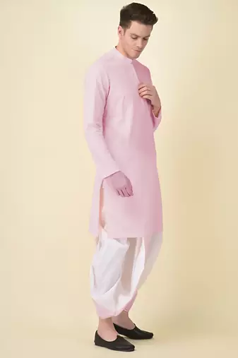 DEYANN Peach Cotton Chikankari Kurta With Dhoti Set For Men