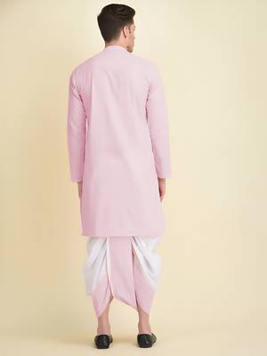 DEYANN Peach Cotton Chikankari Kurta With Dhoti Set For Men 4