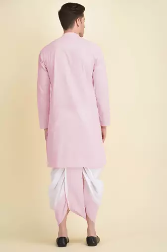 DEYANN Peach Cotton Chikankari Kurta With Dhoti Set For Men