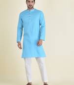DEYANN Sky Blue Cotton Jacquard Woven Design Kurta With Pyjama Set For Men
