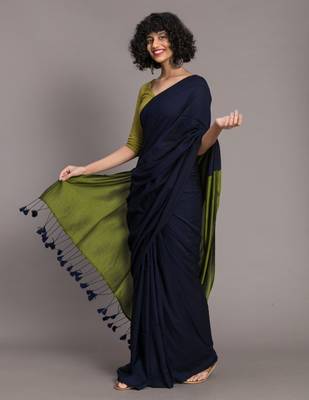 Suta Blue & Green Colourblocked Cotton Blend Saree 4