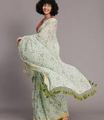 Suta Green  Yellow Floral handblock Pure Cotton Saree