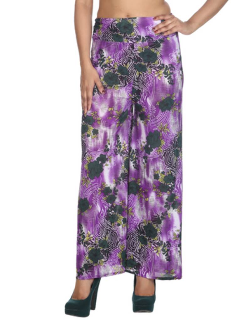 Purple Floral Pattern Long Viscose Lycra Palazzo Printed Women Casual Trouser
