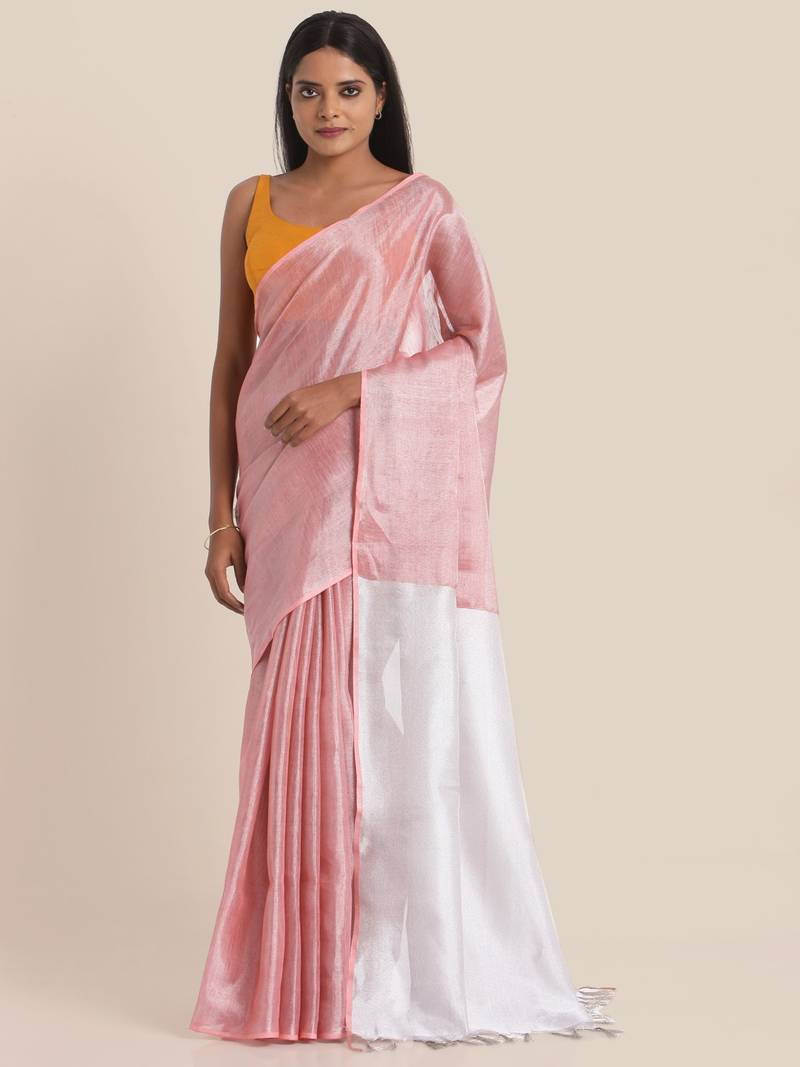Suta Pink  White Colourblocked Zari Pure Linen Saree