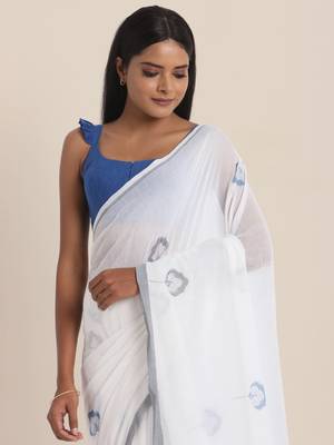 Suta Blue Floral Handblock Printed Mul Saree 1