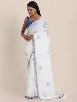 Suta Blue Floral Handblock Printed Mul Saree 5