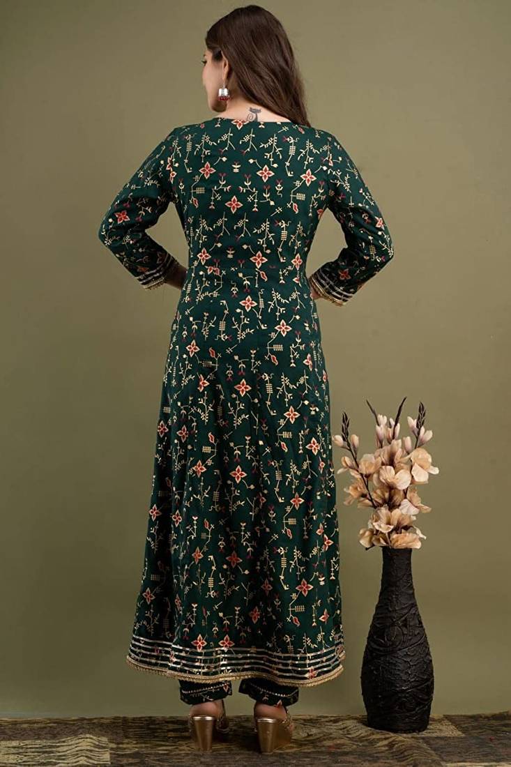 Women's  Rayon Gold Print Kurti Pant with Dupatta Set