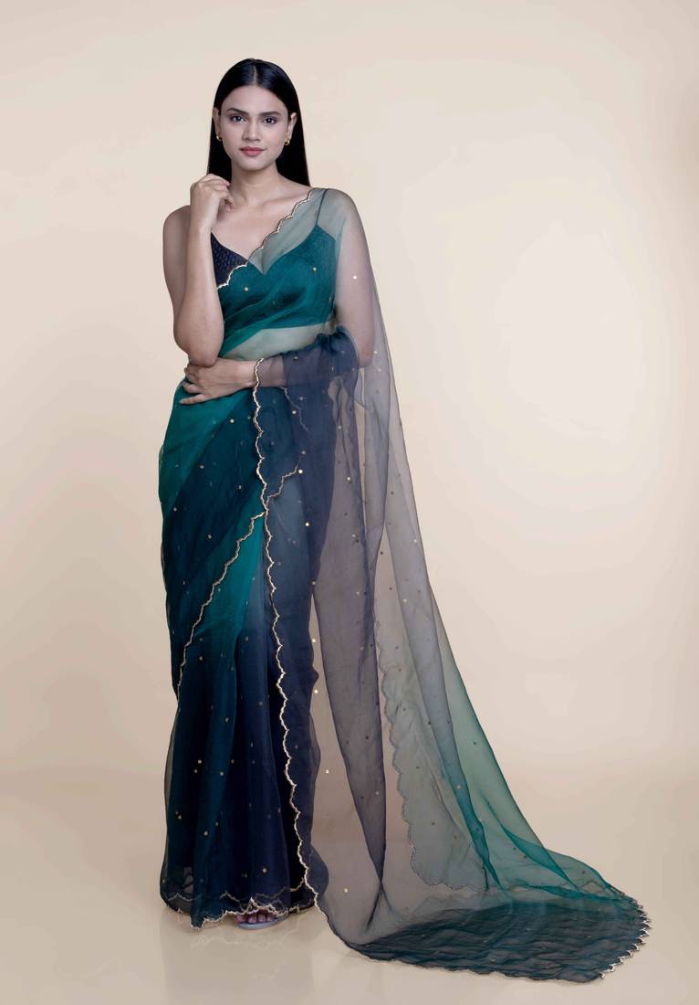 Suta Navy Blue Embellished Sequinned Ombre Organza Saree