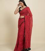 Suta Red  Black Floral Pure Cotton Saree