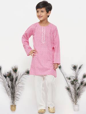 Little Bansi Cotton Jaipuri Kurta with Pearl Buttons and Pyjama - Pink and Cream 1