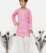 Little Bansi Cotton Jaipuri Kurta with Pearl Buttons and Pyjama - Pink and Cream