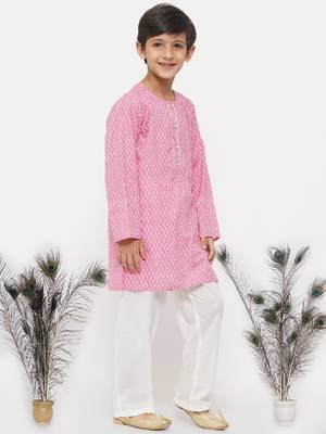 Little Bansi Cotton Jaipuri Kurta with Pearl Buttons and Pyjama - Pink and Cream 3