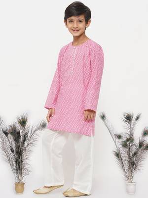 Little Bansi Cotton Jaipuri Kurta with Pearl Buttons and Pyjama - Pink and Cream 4