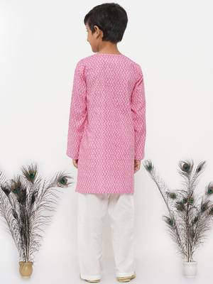 Little Bansi Cotton Jaipuri Kurta with Pearl Buttons and Pyjama - Pink and Cream 5
