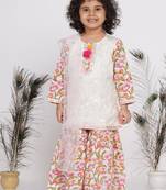 Little Bansi Cotton Floral Parsi Floral work Kurta with Floral Sharara and Dupatta - White