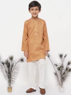 Little Bansi Cotton Silk Floral Kurta with Pearl Buttons and Pyjama - Orange and Cream 1