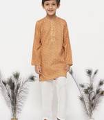 Little Bansi Cotton Silk Floral Kurta with Pearl Buttons and Pyjama - Orange and Cream